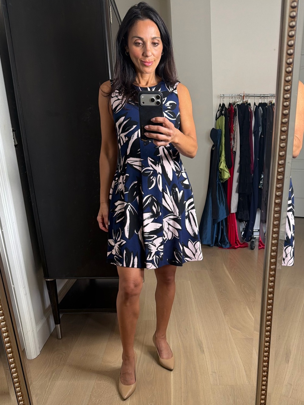 Vince Camuto Navy Blue Floral Midi Dress with Pale Pink & Black Print